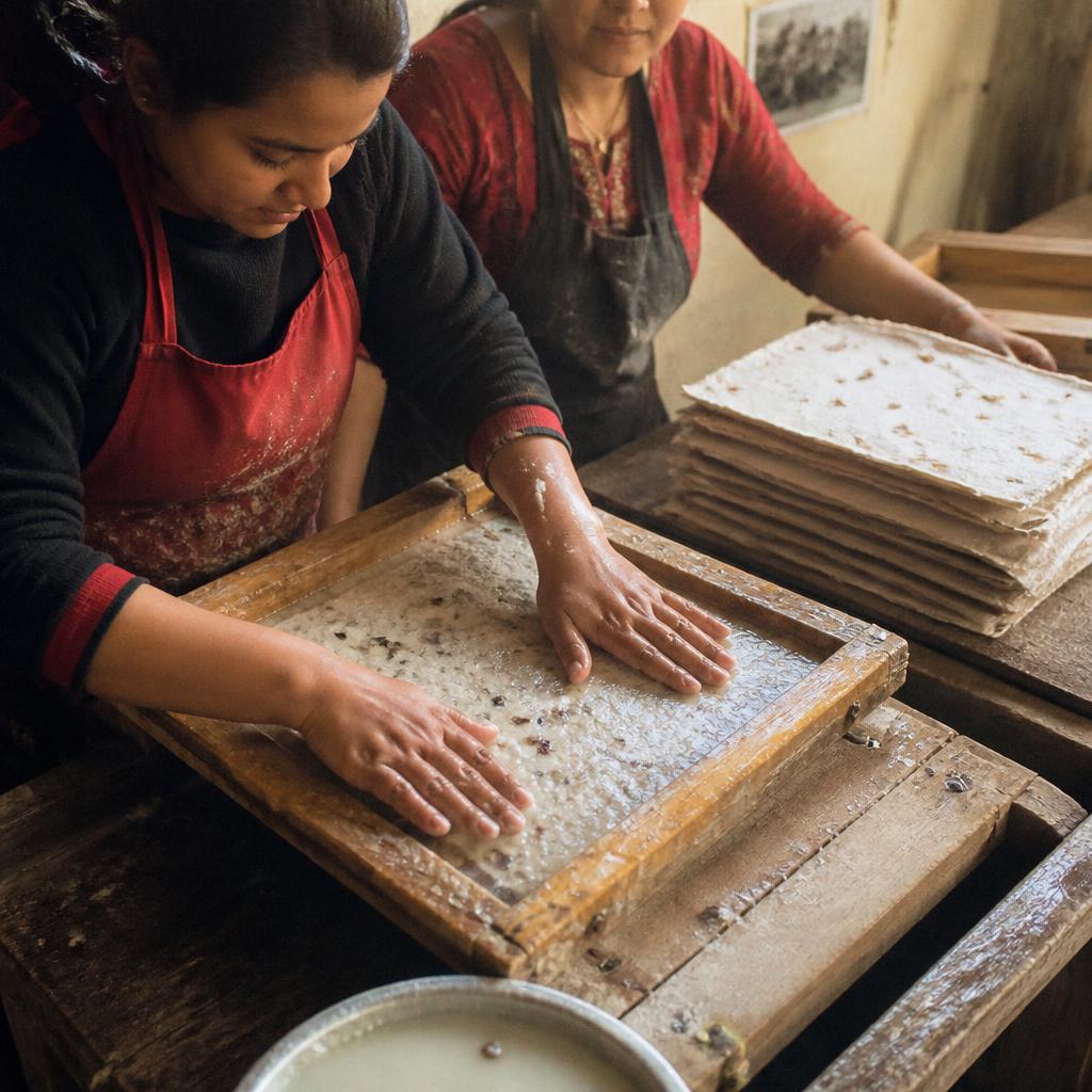 Young women in Nepal in a paper-making workshop